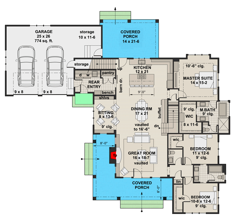 Plan 14660RK: Modern 3-Bed Farmhouse with Vaulted Open Concept Interior - Floor Plan - Main Level - Coastal, Country, Farmhouse, Modern Farmhouse, New American, Traditional