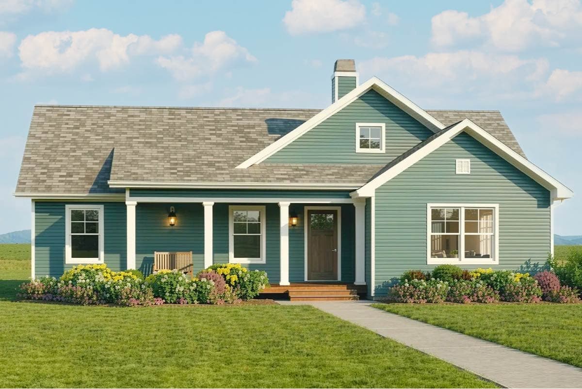 A blue house with a white roof and trim, a walkway, and a well-manicured lawn and flower beds. The sky is bright blue.