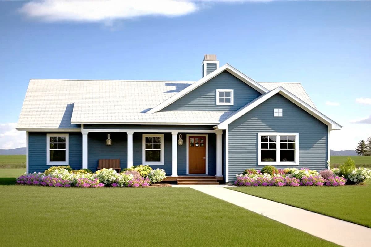 A blue house with a white roof and trim, a walkway, and a well-manicured lawn and flower beds. The sky is bright blue.