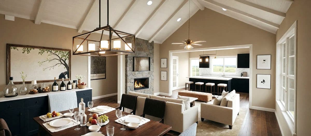 Great room and kitchen with vaulted ceiling, stone fireplace, large island, and open layout.