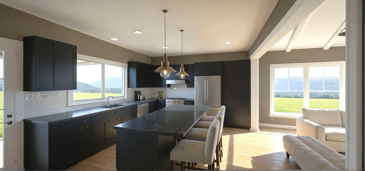 Modern kitchen with dark cabinetry, large island, and stainless steel appliances, open to a living area with vaulted ceiling.