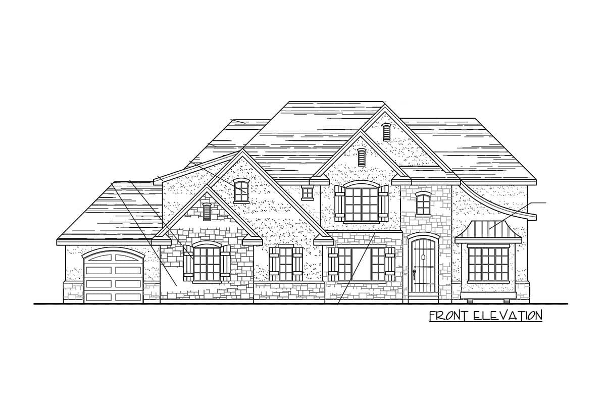 Front elevation drawing of a multi-story house plan with a prominent gabled roof, stone exterior, and attached garage.