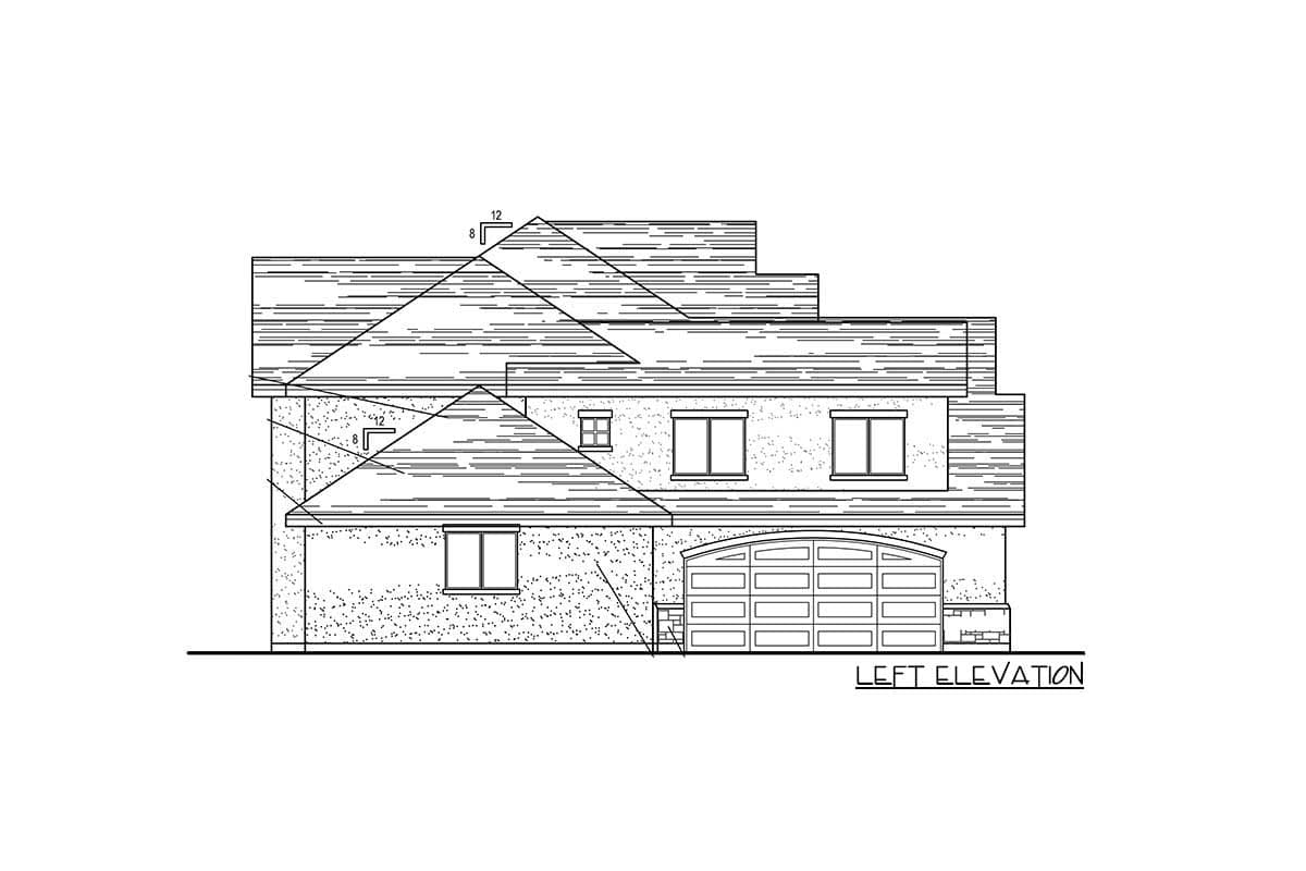 Left elevation house plan drawing with multi-level roof, arched garage door, and varied window placement.