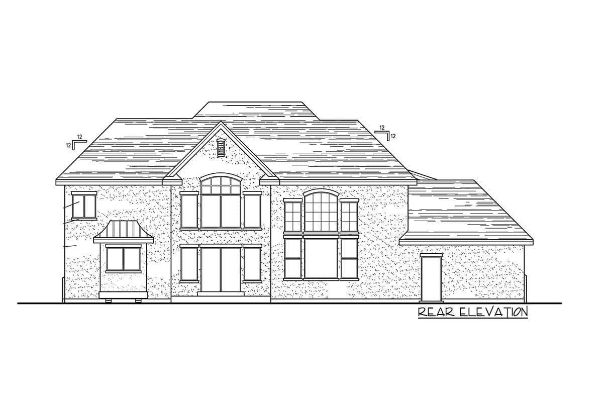 Rear elevation drawing of a two-story brick house with a prominent gable, multiple arched windows, and a prominent dormer.