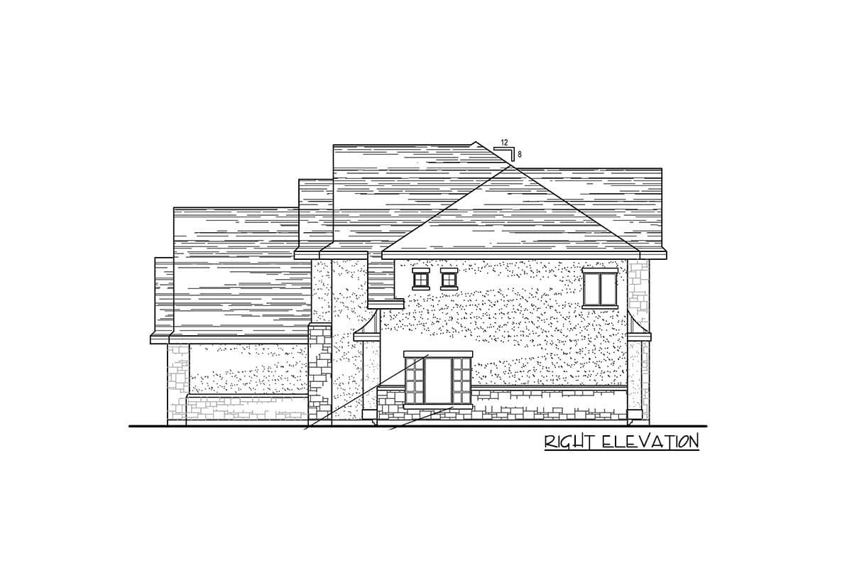 House plan right elevation drawing with layered rooflines, stone base, and varied window styles.