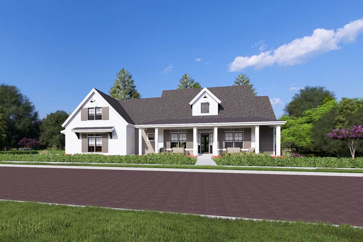House plan exterior. Two-story Modern Farmhouse with a gabled roof, dormer, and covered porch with columns.