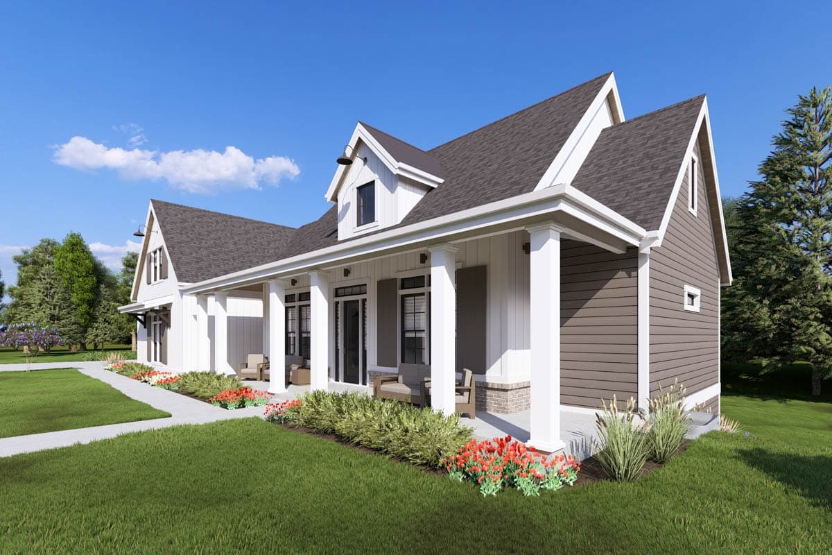 House plan exterior of a one-story Modern Farmhouse with a covered porch, board and batten siding, and prominent gables.