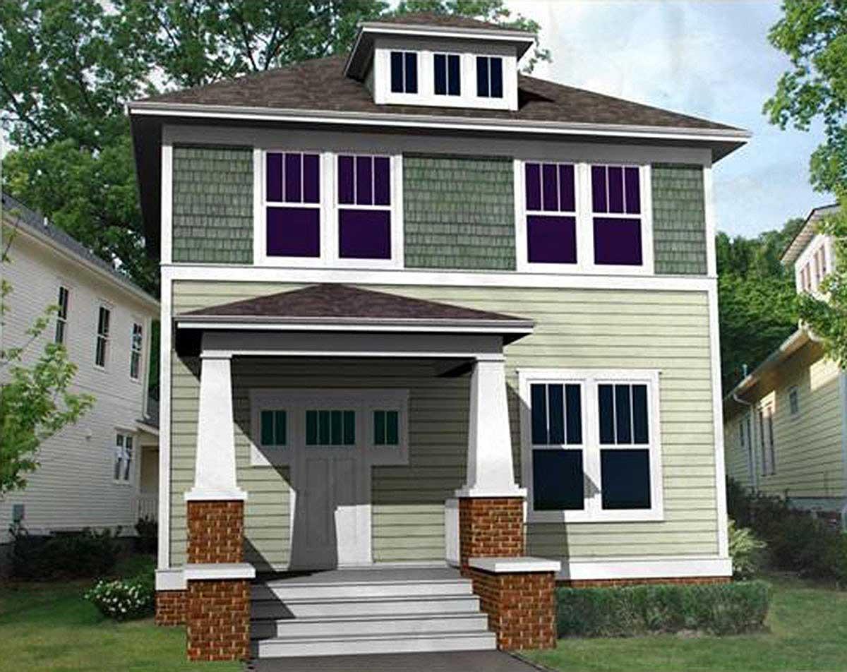 House plan exterior: Two-story home with covered porch, shingle siding on upper level, and dormer.