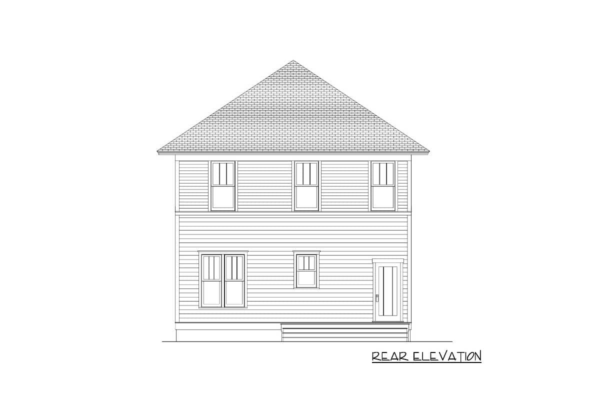 Rear elevation house plan drawing with clapboard siding, gabled roof, and multiple windows.