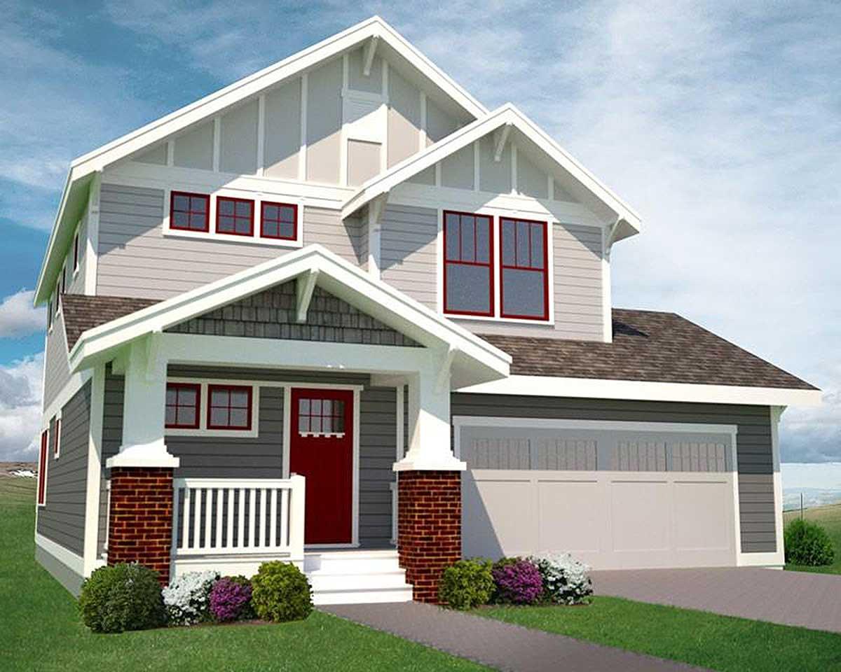 House plan exterior with Craftsman details: two-story house with gables, a covered porch, and a side-entry garage.