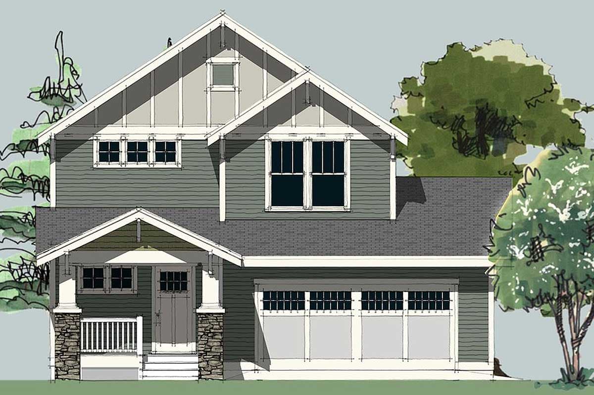 House plan exterior: Modern Farmhouse style, two stories, front-facing garage, prominent gables, and covered front porch with stone accents.
