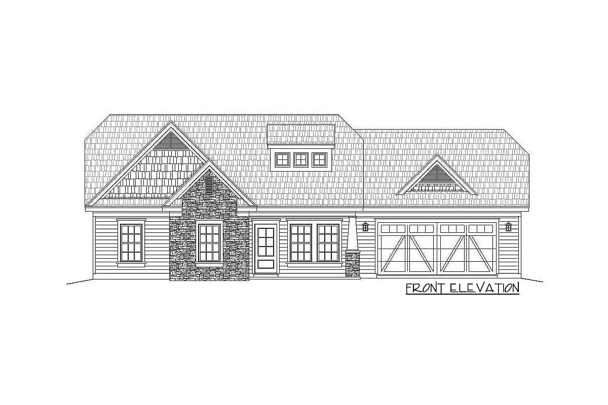 Front elevation drawing of a house plan featuring a dormer, stone accents, and a two-car garage with decorative doors.