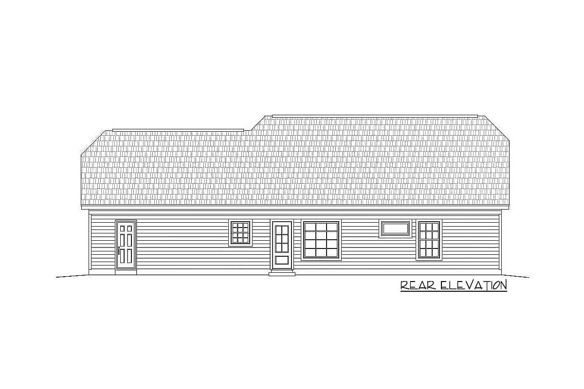 Rear elevation drawing of a house with horizontal siding, a dormer, and multiple windows, including a double door.