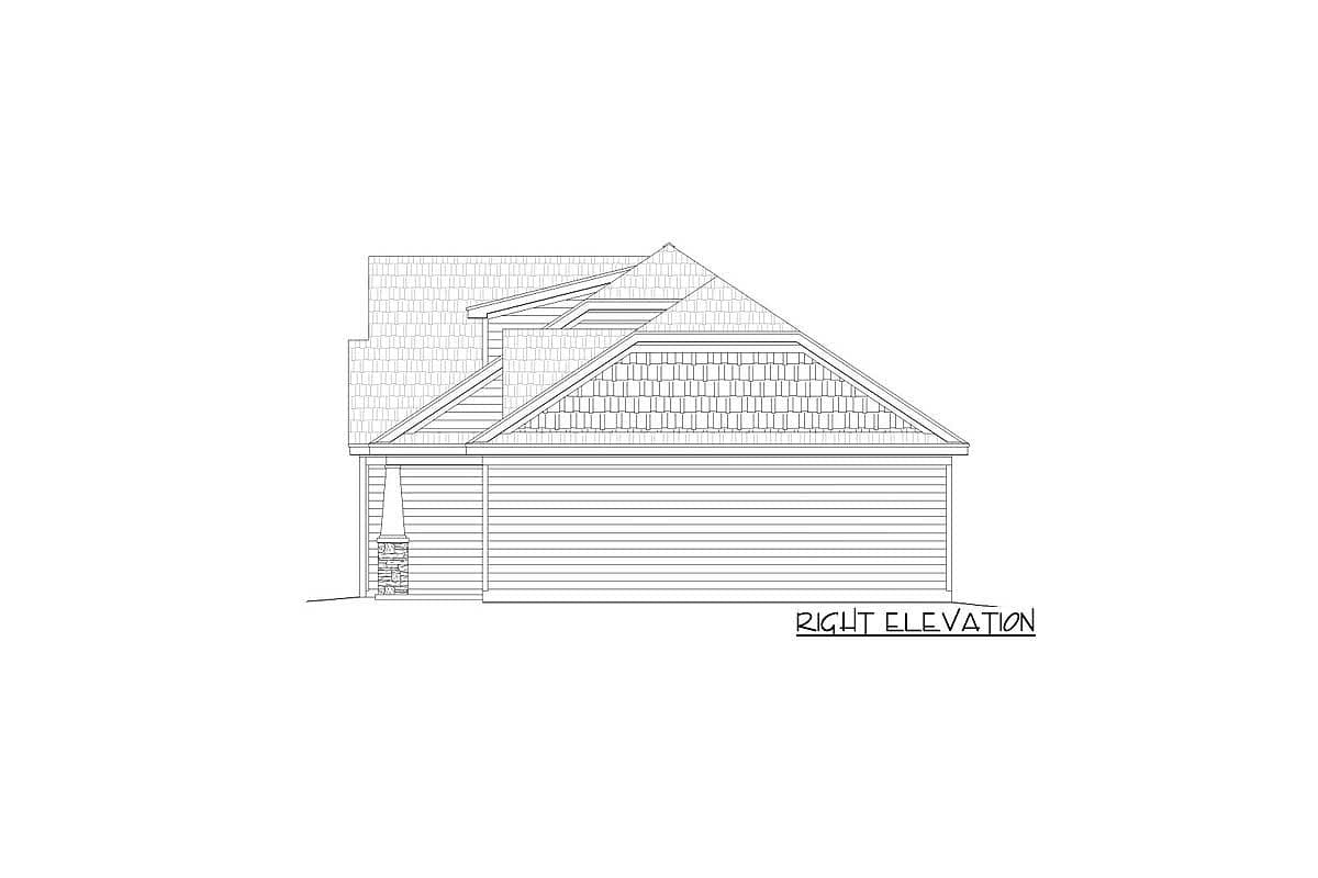 Right elevation house plan drawing showing gabled rooflines, dormers, horizontal siding, and stacked stone accents.