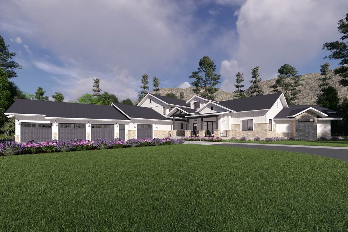 House plan exterior: Modern Farmhouse style, single story, with a four-car garage, stone accents, and multiple gables.