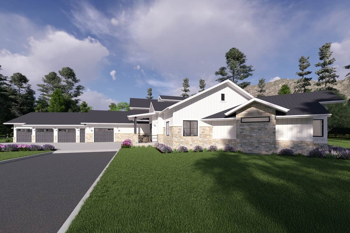 Modern farmhouse house plan exterior with a five-car garage, gables, stone accents, and a covered entry.