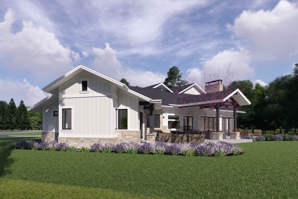 Modern Farmhouse house plan exterior with board and batten siding, stone accents, gables, covered patio with stone chimney.
