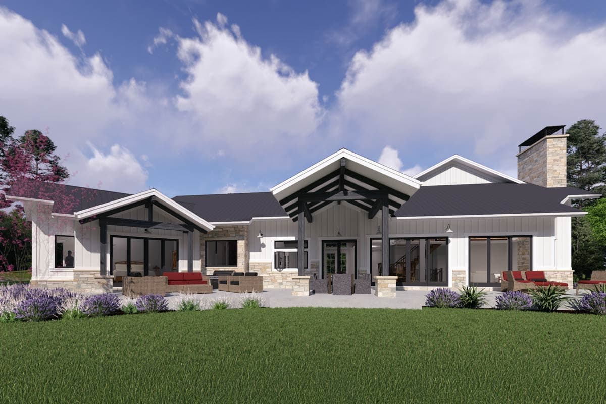 House plan exterior, modern style, with gable rooflines, large windows, stone accents, and covered entry.