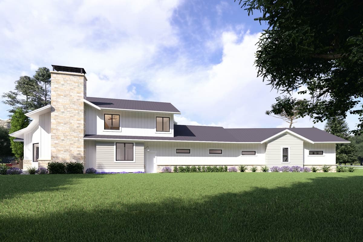 House plan exterior with stone chimney, white siding, dark roof, and multiple gables and dormers.