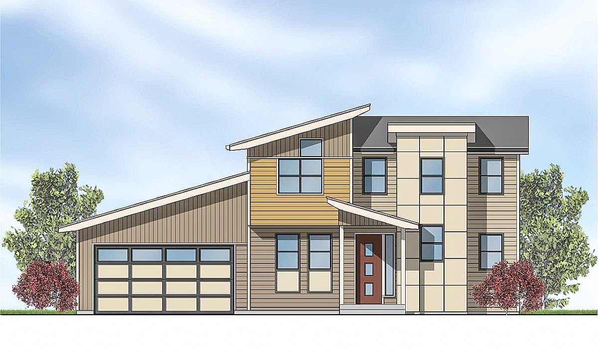 House plan exterior. Two-story Modern house with a shed roof, a garage with multiple windows, and a covered entry with a flat roof.