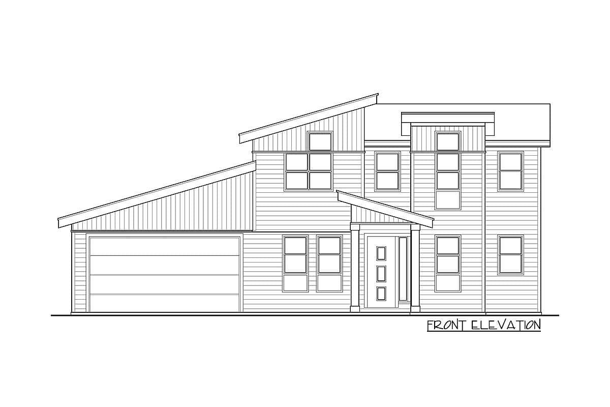 Front elevation drawing of a two-story house plan with a sloped roofline, attached garage, and multiple windows.
