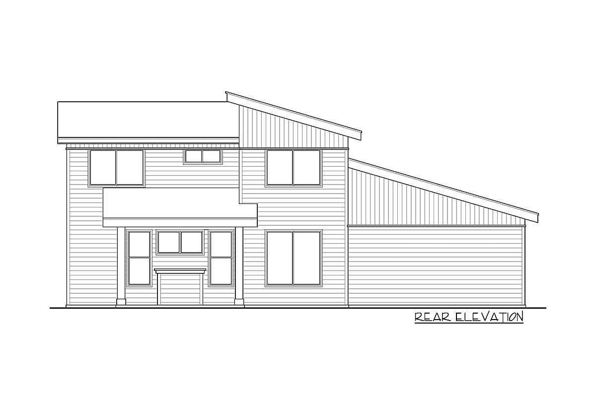 Rear elevation drawing of a two-story house with a shed roof, horizontal siding, and a covered porch area.