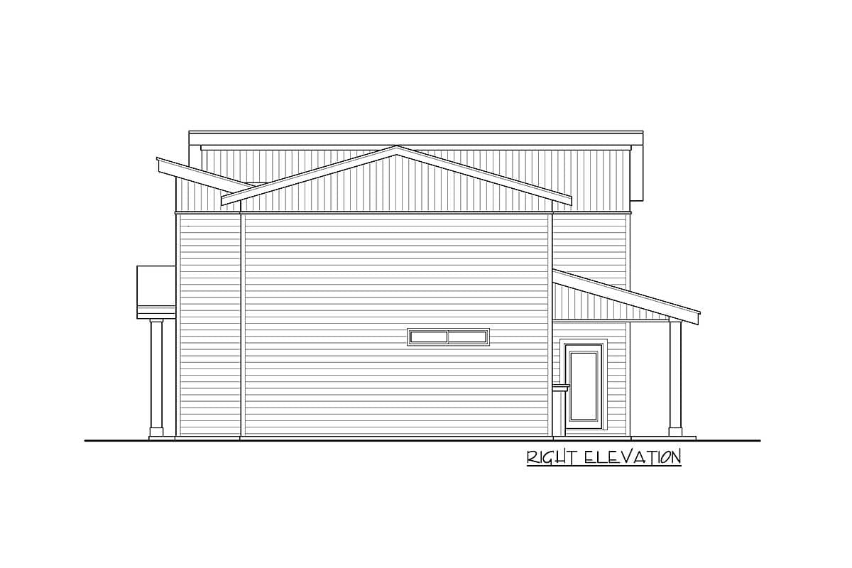 Right elevation drawing of a house plan featuring multiple rooflines, horizontal siding, and a covered entryway.