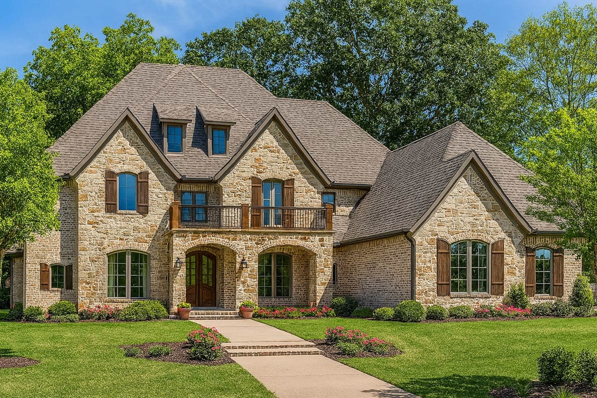 House plan exterior. Two-story, stone-clad house with gabled roof, dormers, and arched entry porch. Includes window shutters and balcony detail.