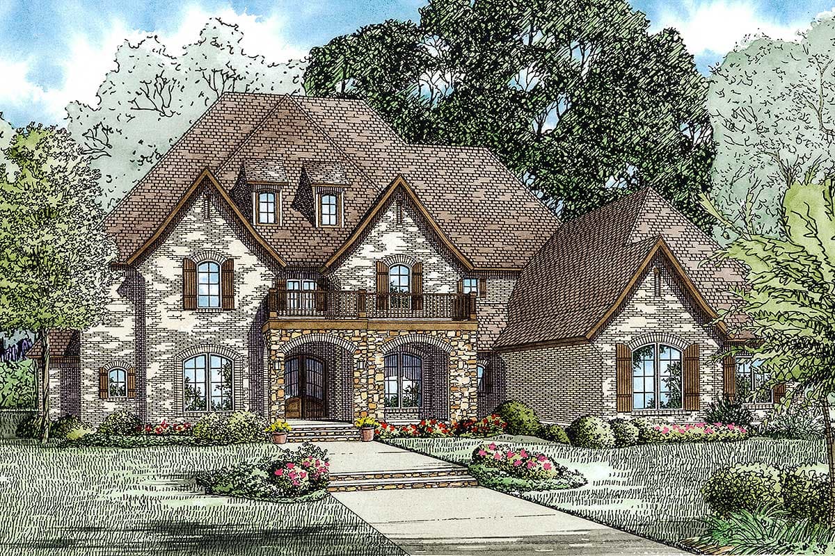 House plan exterior: Two-story brick home with arched entry, stone accents, dormers, and multiple gables.