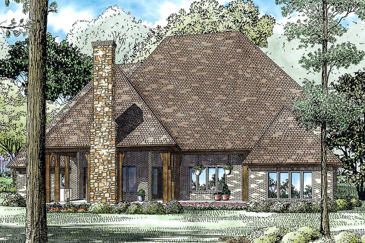 House plan exterior: one-and-a-half story with prominent stone chimney, covered porch with wood columns, and multiple gabled rooflines.