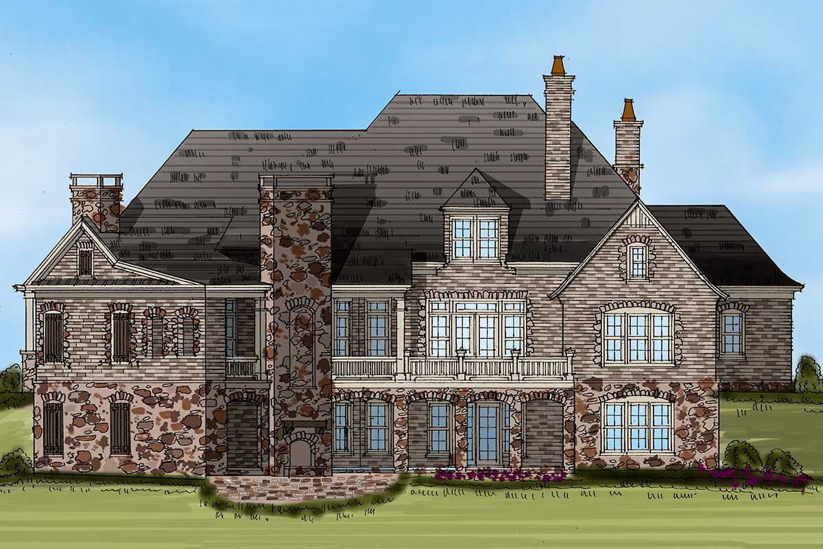 House plan exterior rendering of a multi-story home with stone and brick facade, multiple gables, and prominent chimneys.