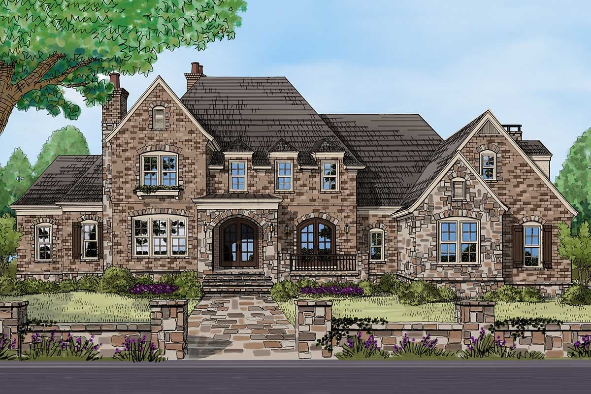 House plan exterior. Two-story brick home with gabled roof, arched entry, multiple dormers, stone accents, and a brick chimney.