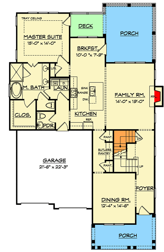 Plan 740003LAH: 4-Bed House Plan With Upstairs Children's Den - 2885 Sq Ft - Floor Plan - Main Level - Craftsman, New American, Southern, Traditional