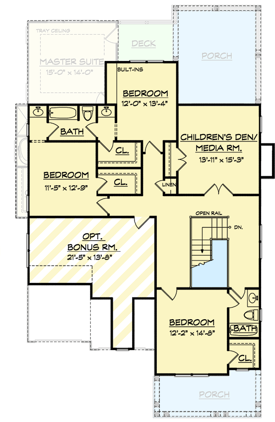 Plan 740003LAH: 4-Bed House Plan With Upstairs Children's Den - 2885 Sq Ft - Floor Plan - 2nd Floor - Craftsman, New American, Southern, Traditional