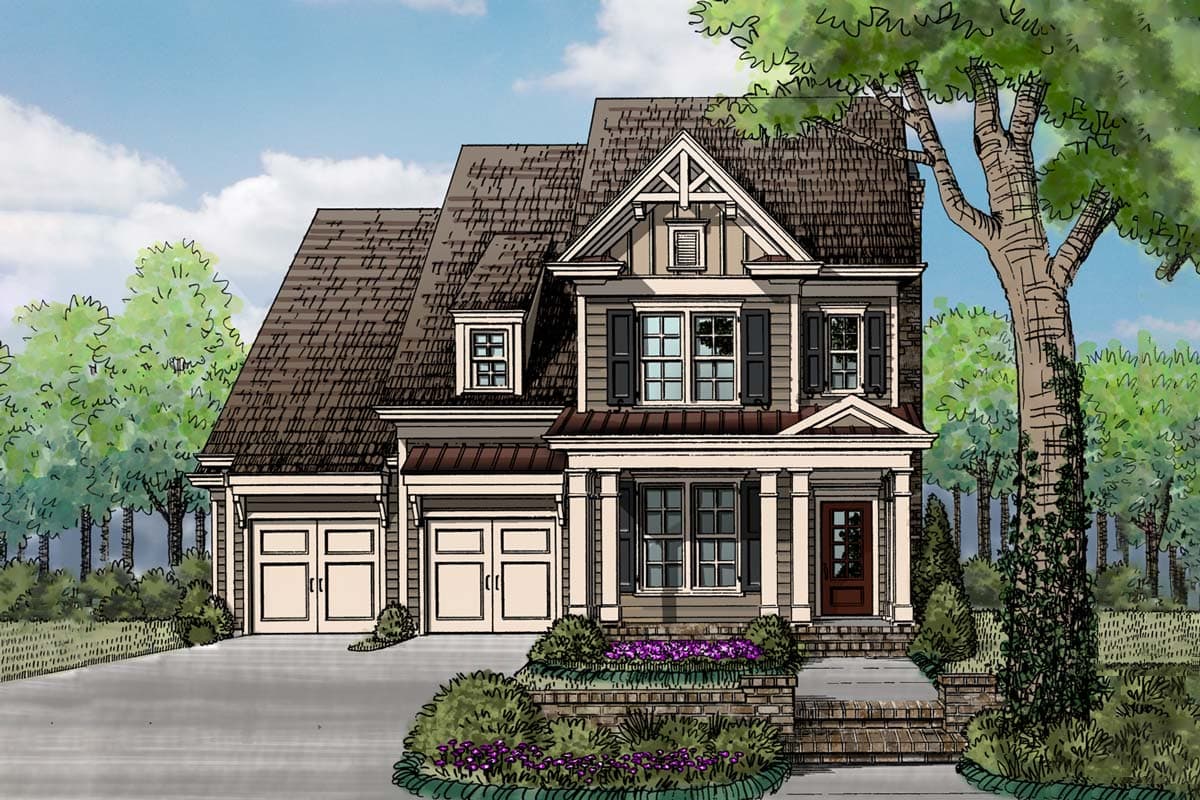 House plan exterior in Craftsman style. Two-story home with front porch, gables, and dormer. Features attached garage and dark shutters.
