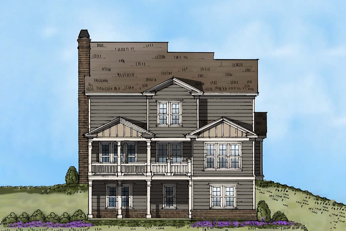 House plan exterior: Three-story traditional home with multiple gables, stacked porches, and brick chimney.