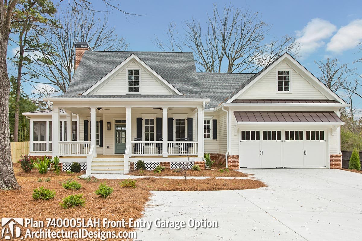House plan exterior: one-story Modern Farmhouse with wrap-around porch, dormer windows, and front-entry two-car garage.