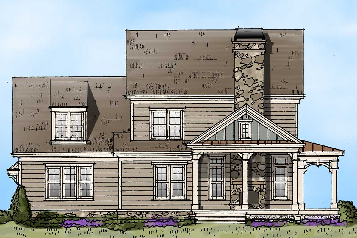 House plan exterior: Two-story home with a prominent stone chimney, front porch with columns, multiple gables, and dormer windows.