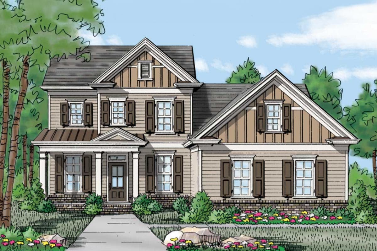 House plan exterior. Two-story Colonial-style home with gabled roof, dormers, and a covered front porch supported by columns.