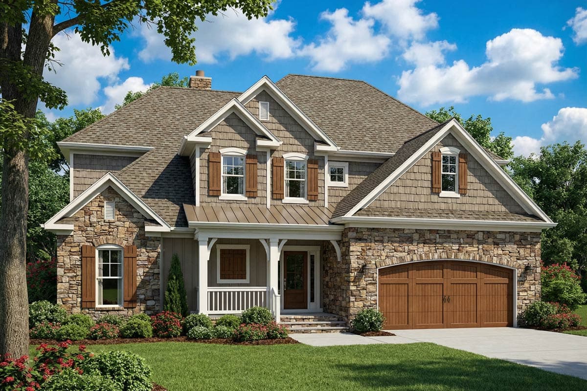A two-story house with a stone and wood exterior. The house has a brown roof, multiple windows with shutters, a porch, and a two-car garage.
