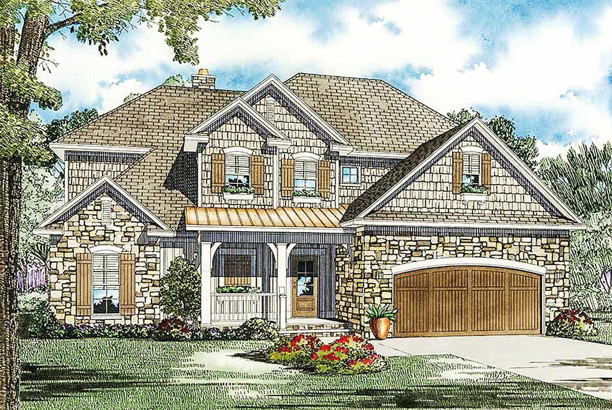House plan exterior: stone and shake siding, gabled dormers, covered front porch with white columns, and a two-car garage.