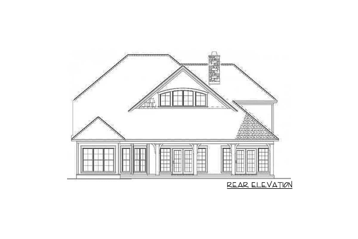 Rear elevation house plan featuring a dormer with arched windows, a prominent chimney, and a covered porch with French doors.