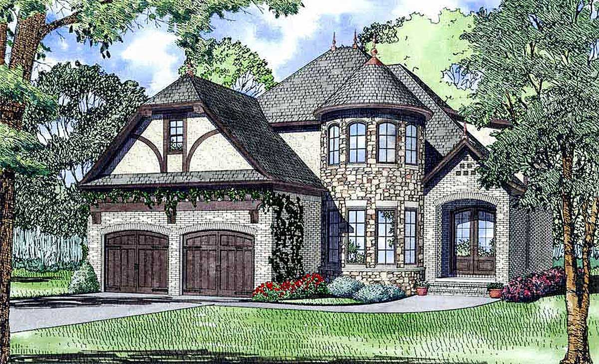 House plan exterior: Tudor style, two stories, two-car garage, stone turret with arched windows, and a gabled dormer.