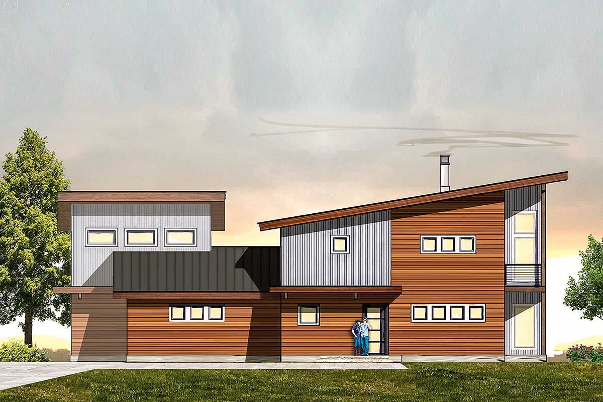 House plan exterior. Modern style with a two-story design, featuring a shed roof, metal siding, and a prominent chimney.