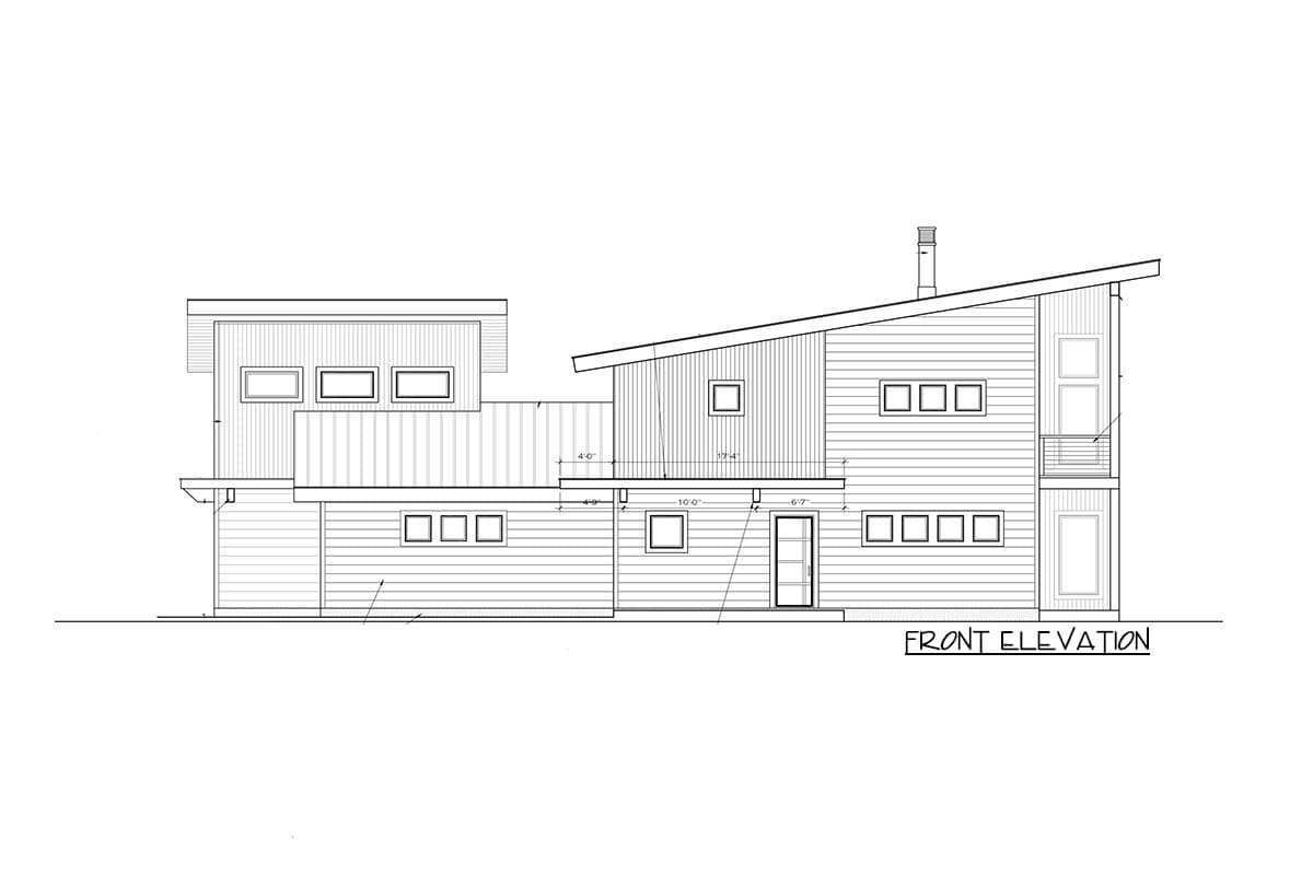 Front elevation drawing of a two-story modern house plan with asymmetrical rooflines, horizontal siding, and multiple square and rectangular windows.