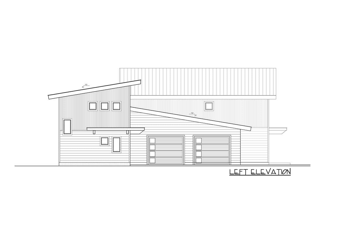 Left elevation of a house plan showing a modern style with a steep pitched roof, horizontal siding, and a two-car garage.