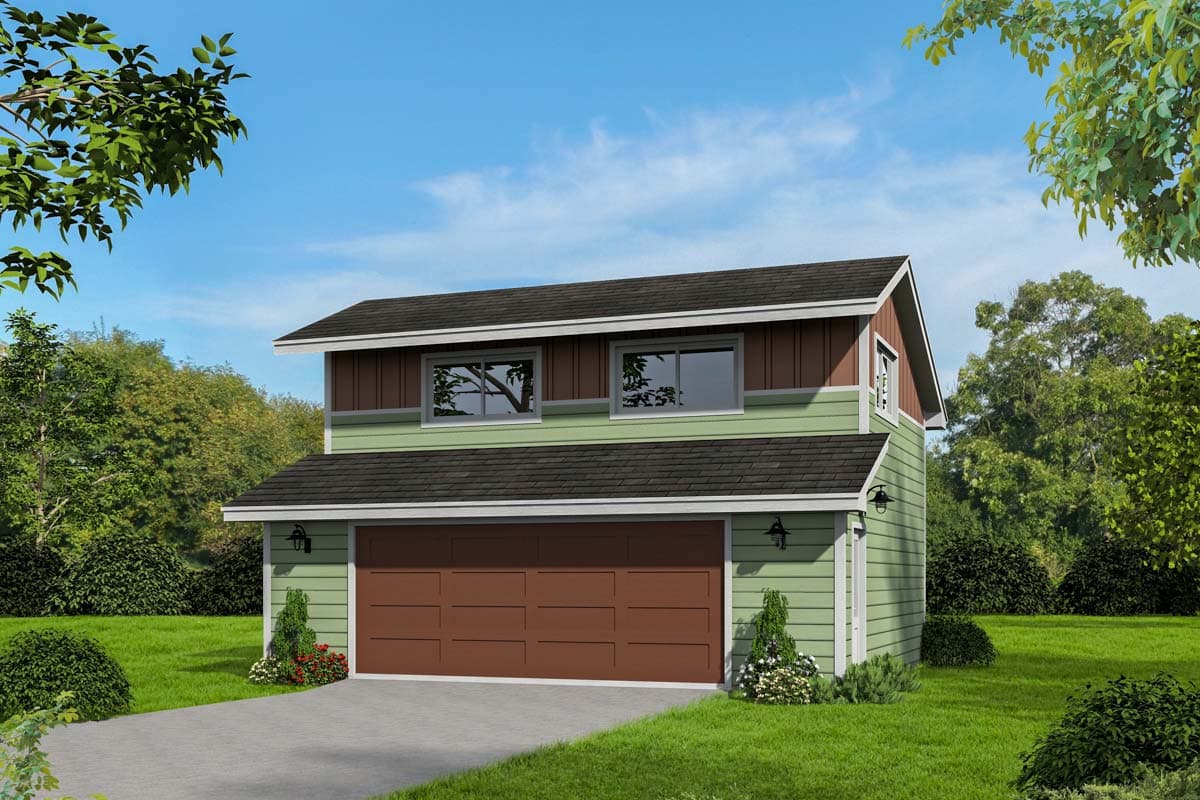 House plan exterior. Two-story structure with a gabled roof, two windows on the upper level, and a two-car garage with a brown door.