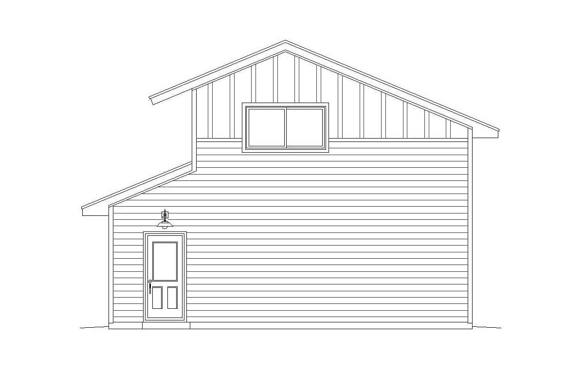 House plan exterior side elevation with lap siding, a gable roof, and one dormer window.