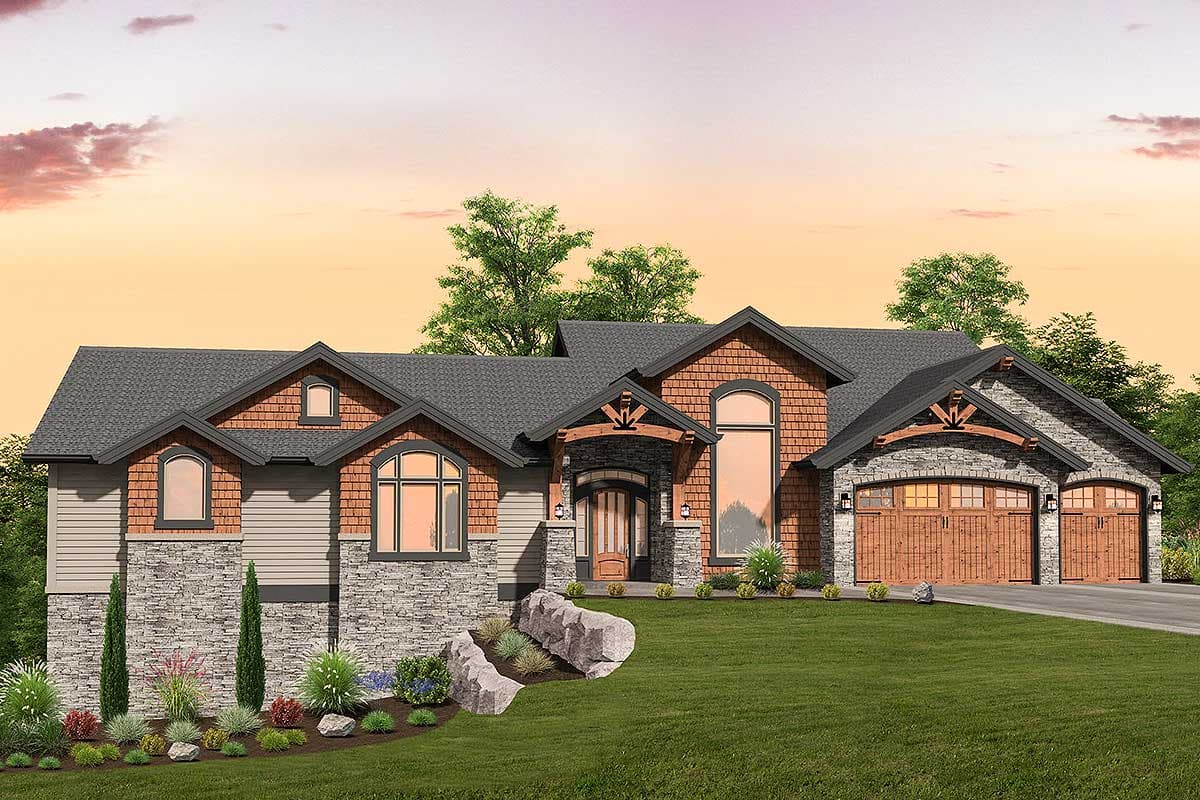 House plan exterior with stone accents, arched windows, gables, and a two-car garage with arched doors.