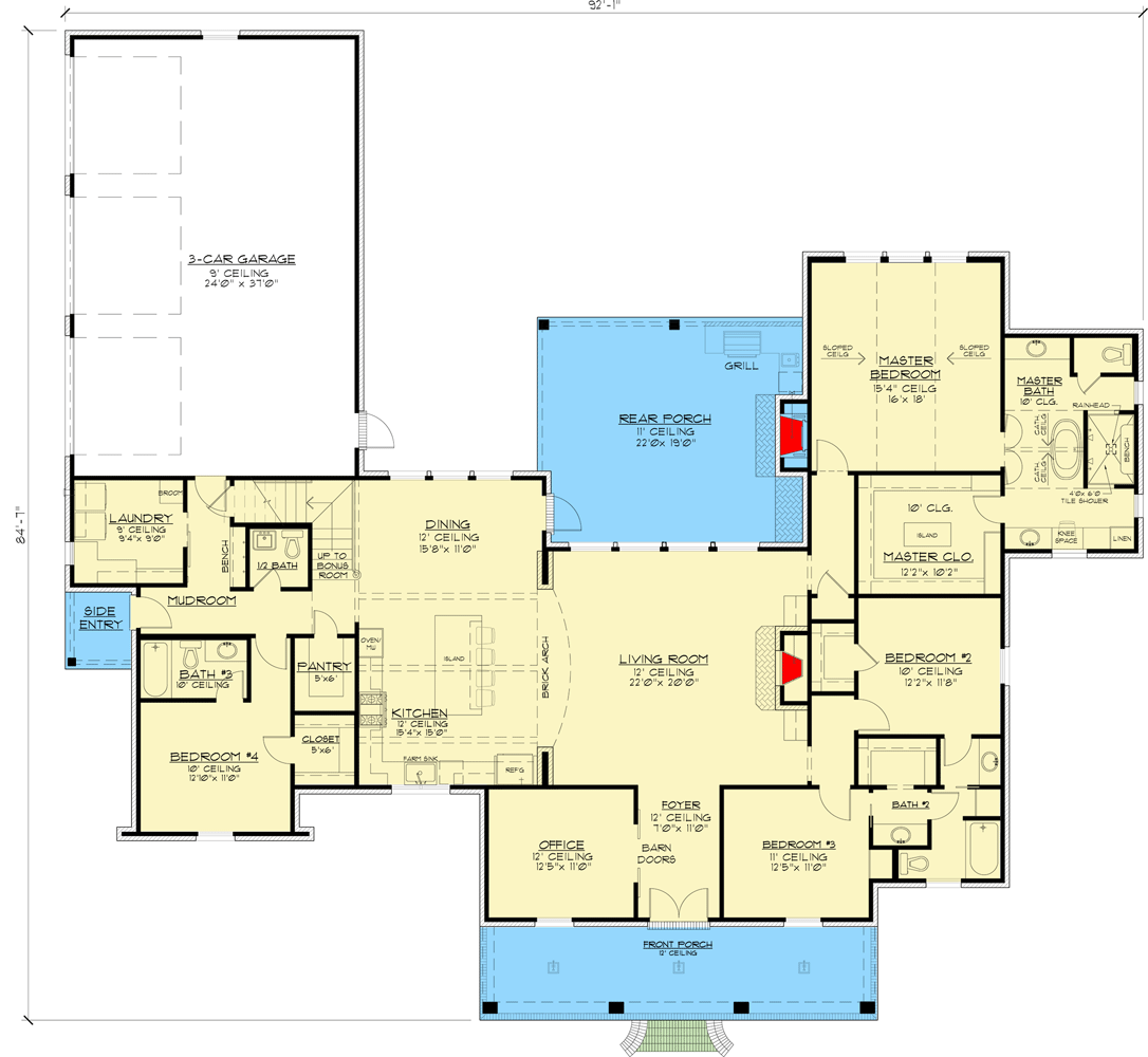 Plan 56426SM: Four Bed Southern Home Plan with Optional Bonus Room  - Floor Plan - Main Level - Acadian, French Country, Louisiana-Style, Southern